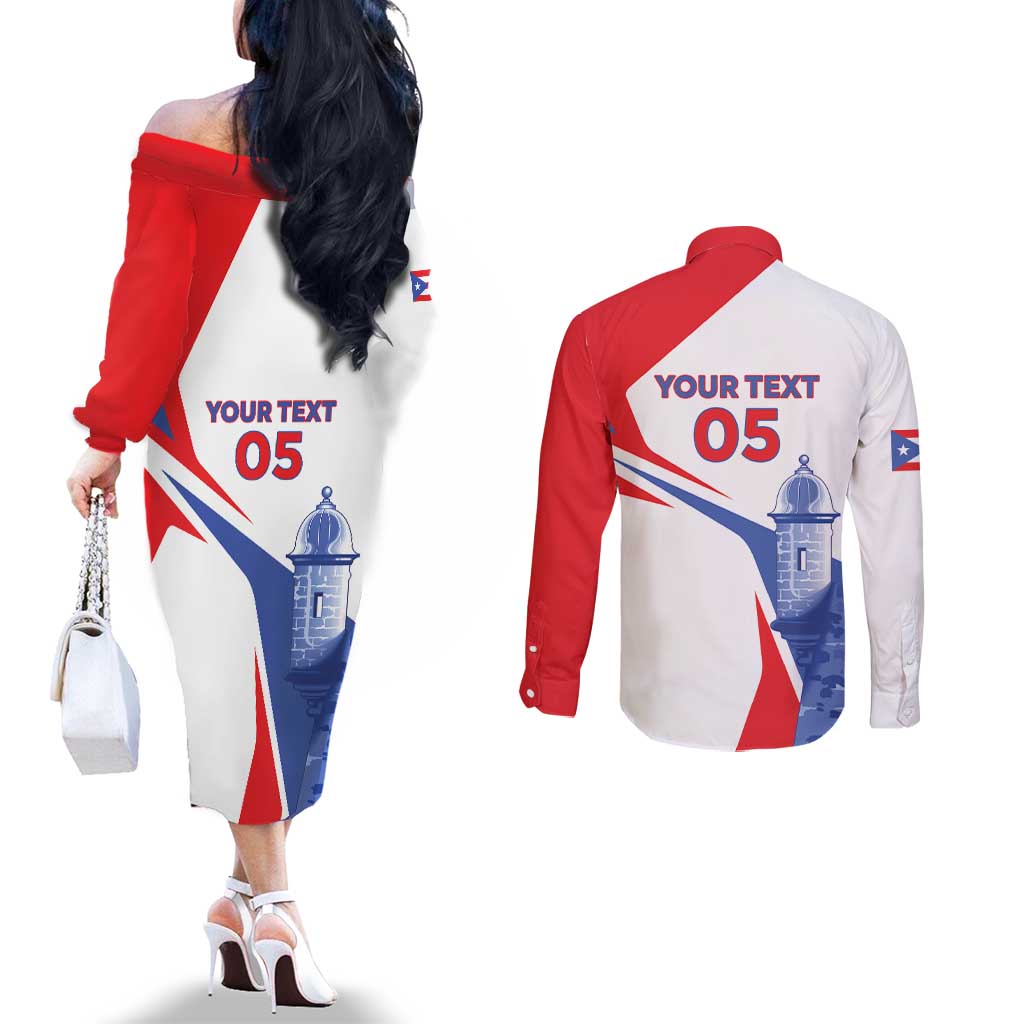 Puerto Rico Baseball Custom Couples Matching Off The Shoulder Long Sleeve Dress and Long Sleeve Button Shirt El Morro Sporty Style