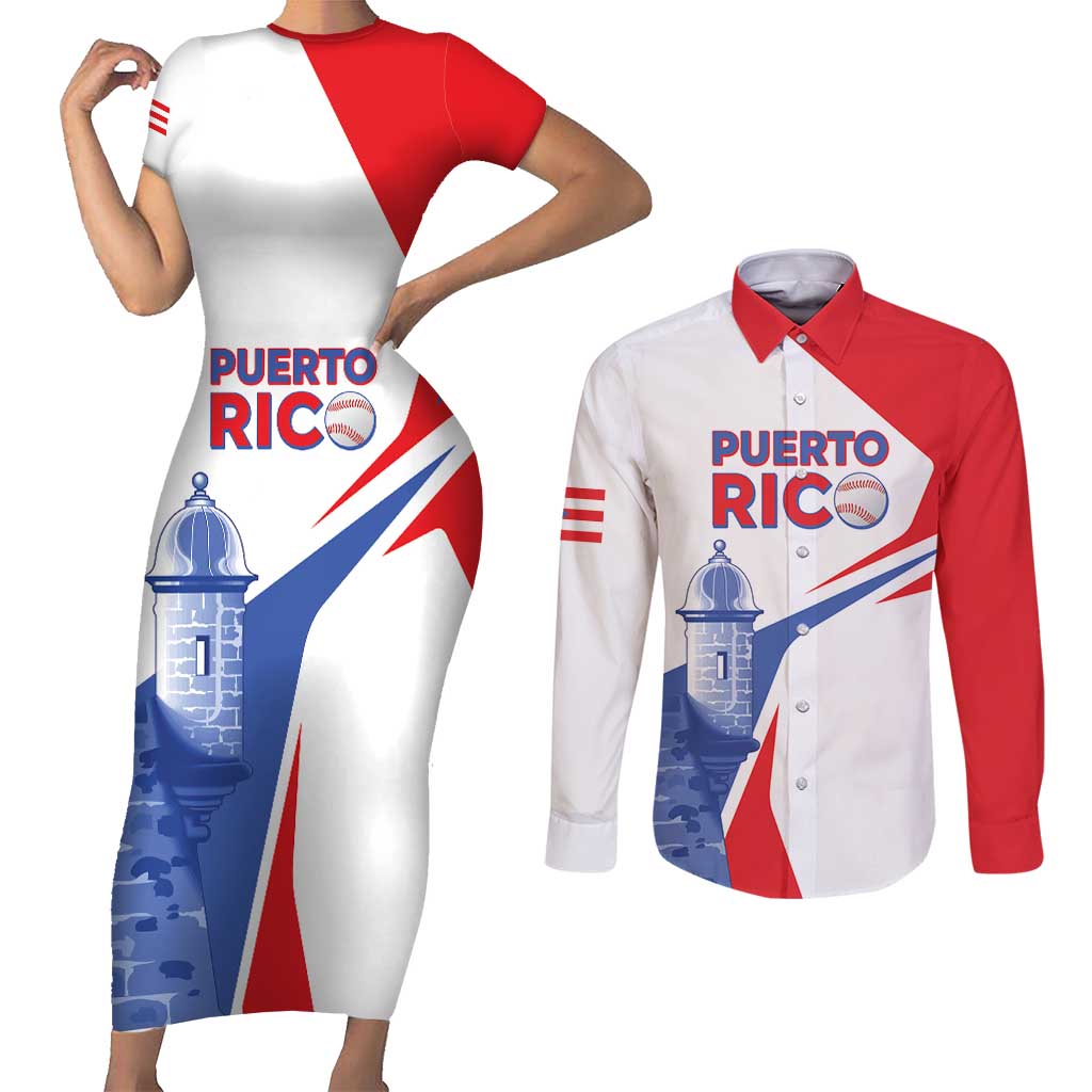 Puerto Rico Baseball Custom Couples Matching Short Sleeve Bodycon Dress and Long Sleeve Button Shirt El Morro Sporty Style