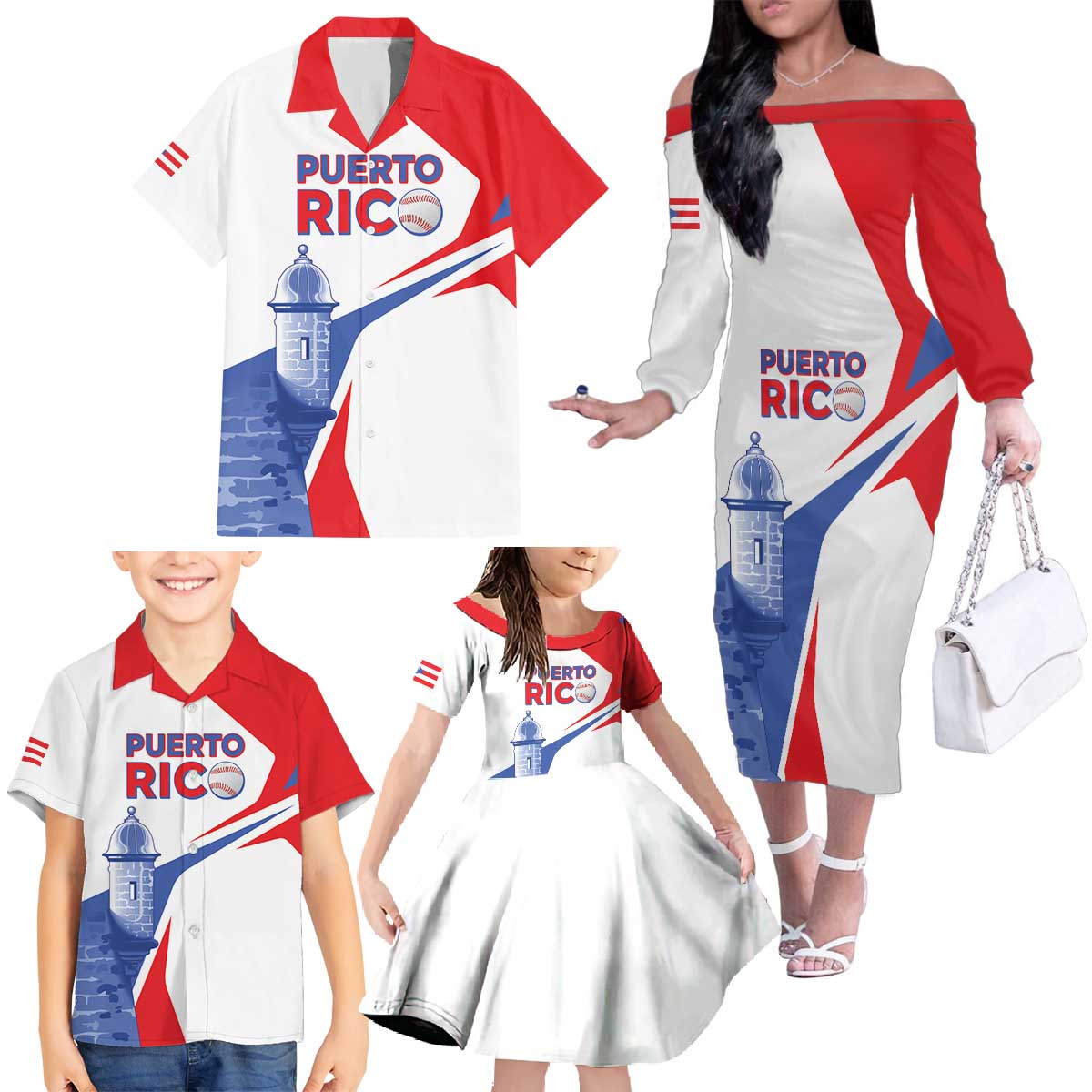 Puerto Rico Baseball Custom Family Matching Off The Shoulder Long Sleeve Dress and Hawaiian Shirt El Morro Sporty Style