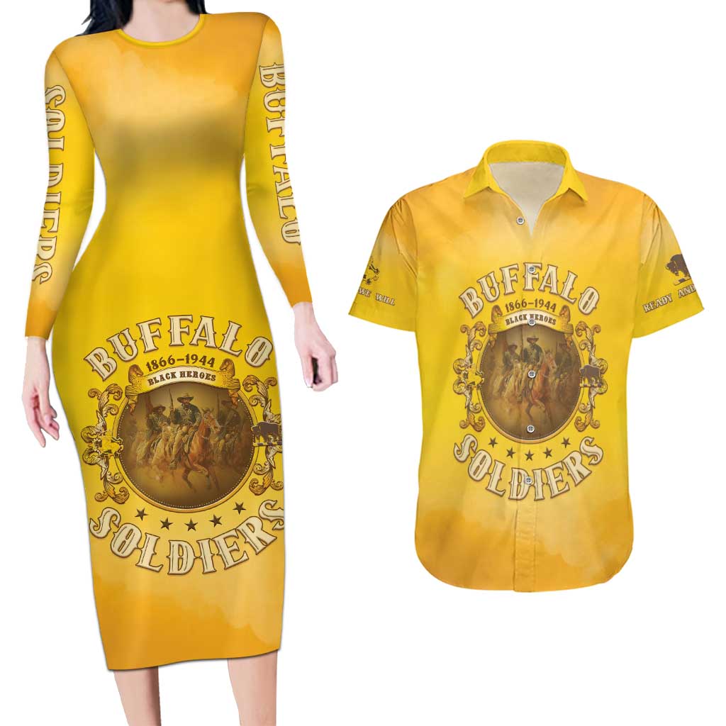 Honor Buffalo Soldiers Couples Matching Long Sleeve Bodycon Dress and Hawaiian Shirt African American Cavalry Yellow Version - Wonder Print Shop