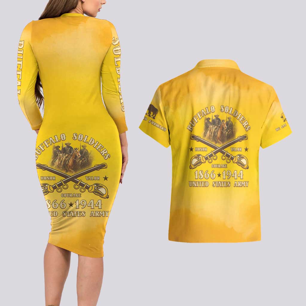 Honor Buffalo Soldiers Couples Matching Long Sleeve Bodycon Dress and Hawaiian Shirt African American Cavalry Yellow Version - Wonder Print Shop