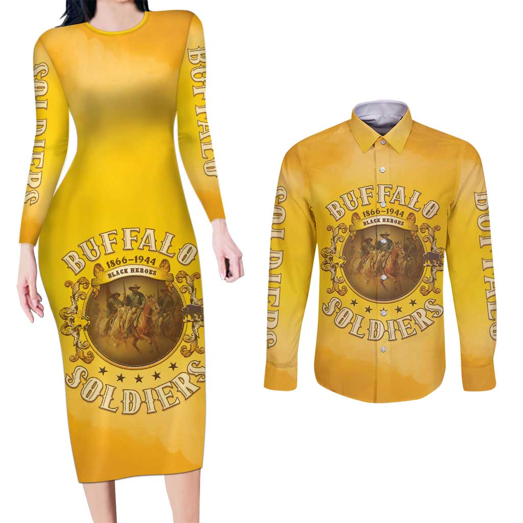Honor Buffalo Soldiers Couples Matching Long Sleeve Bodycon Dress and Long Sleeve Button Shirt African American Cavalry Yellow Version - Wonder Print Shop