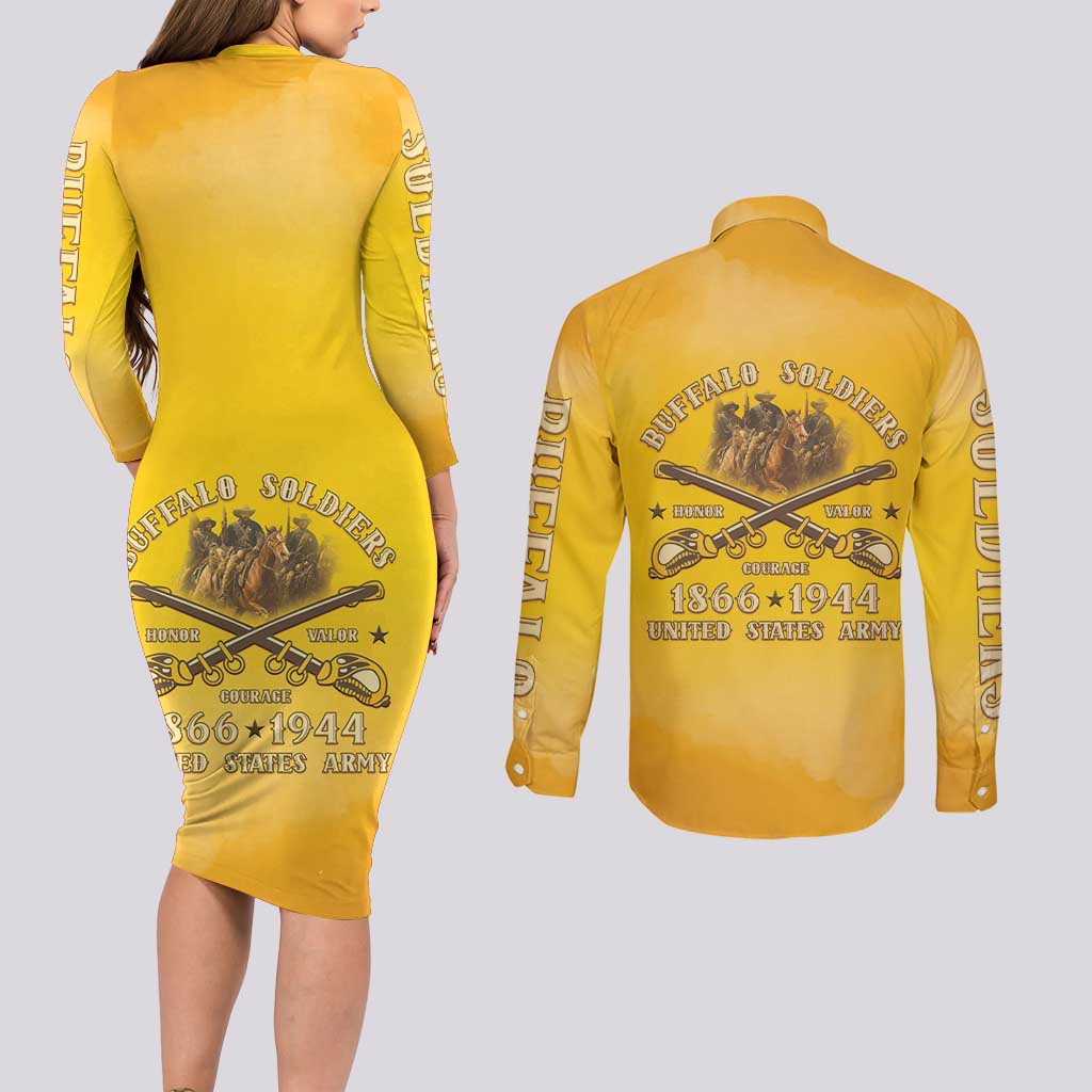Honor Buffalo Soldiers Couples Matching Long Sleeve Bodycon Dress and Long Sleeve Button Shirt African American Cavalry Yellow Version - Wonder Print Shop