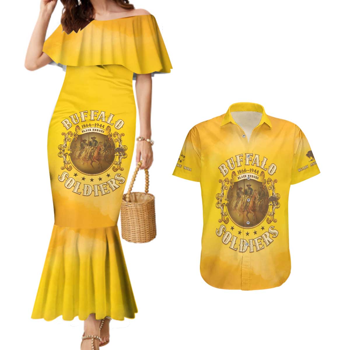 Honor Buffalo Soldiers Couples Matching Mermaid Dress and Hawaiian Shirt African American Cavalry Yellow Version - Wonder Print Shop
