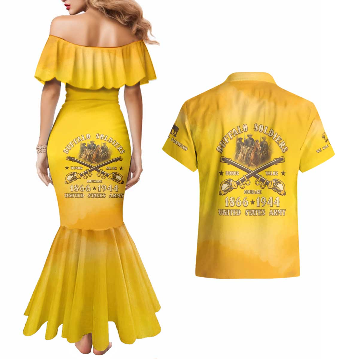 Honor Buffalo Soldiers Couples Matching Mermaid Dress and Hawaiian Shirt African American Cavalry Yellow Version - Wonder Print Shop