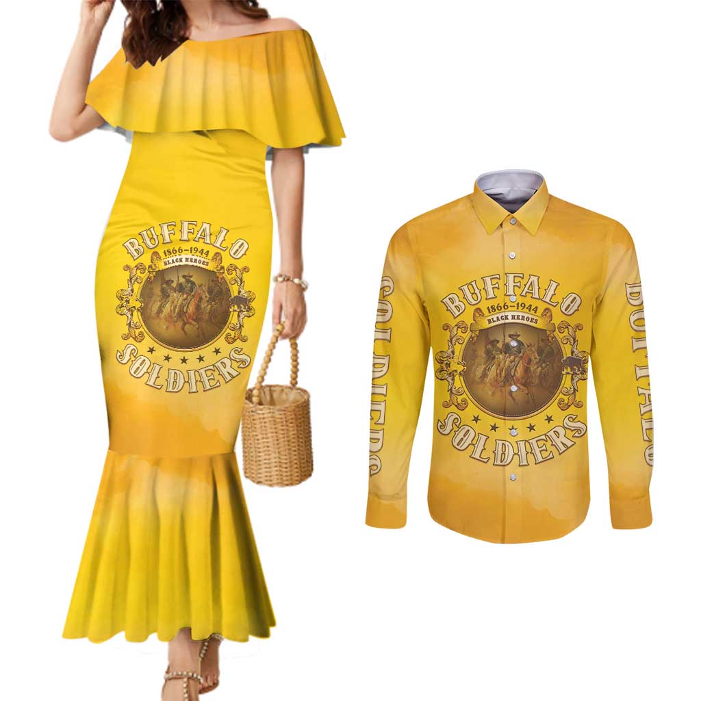 Honor Buffalo Soldiers Couples Matching Mermaid Dress and Long Sleeve Button Shirt African American Cavalry Yellow Version - Wonder Print Shop