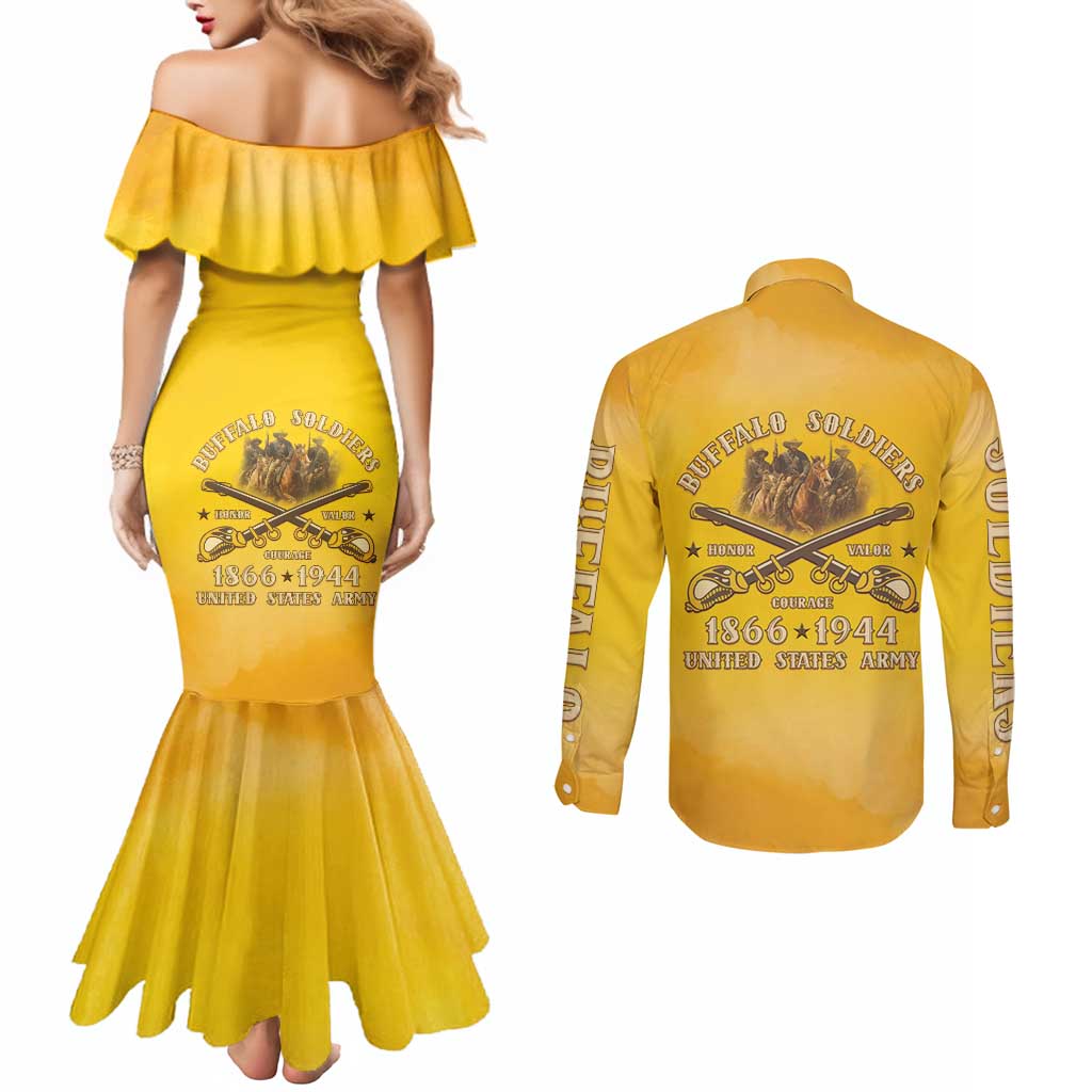 Honor Buffalo Soldiers Couples Matching Mermaid Dress and Long Sleeve Button Shirt African American Cavalry Yellow Version - Wonder Print Shop