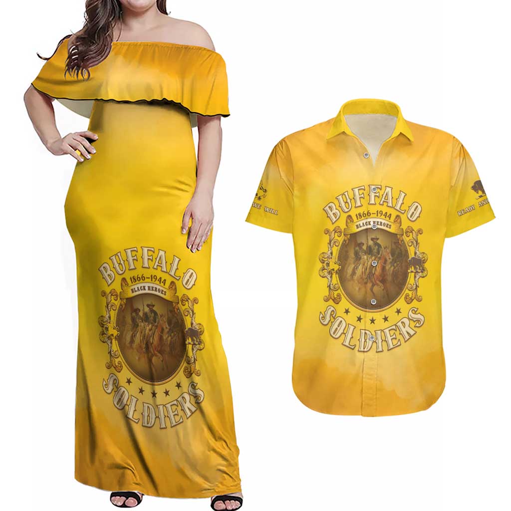 Honor Buffalo Soldiers Couples Matching Off Shoulder Maxi Dress and Hawaiian Shirt African American Cavalry Yellow Version - Wonder Print Shop