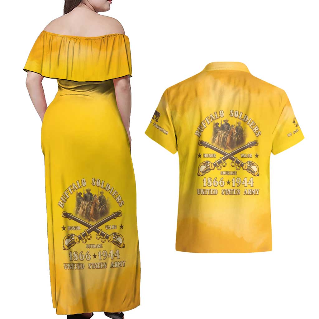 Honor Buffalo Soldiers Couples Matching Off Shoulder Maxi Dress and Hawaiian Shirt African American Cavalry Yellow Version - Wonder Print Shop