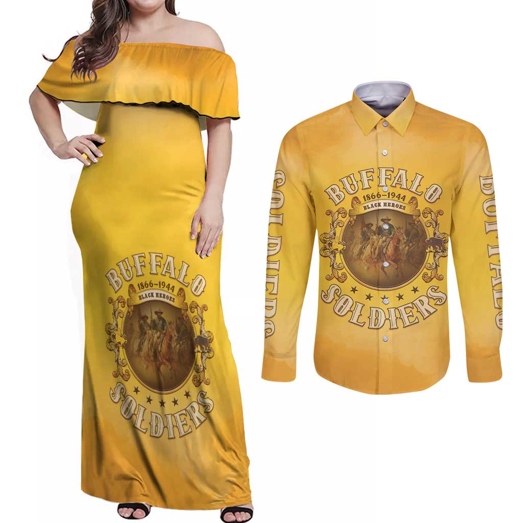 Honor Buffalo Soldiers Couples Matching Off Shoulder Maxi Dress and Long Sleeve Button Shirt African American Cavalry Yellow Version - Wonder Print Shop