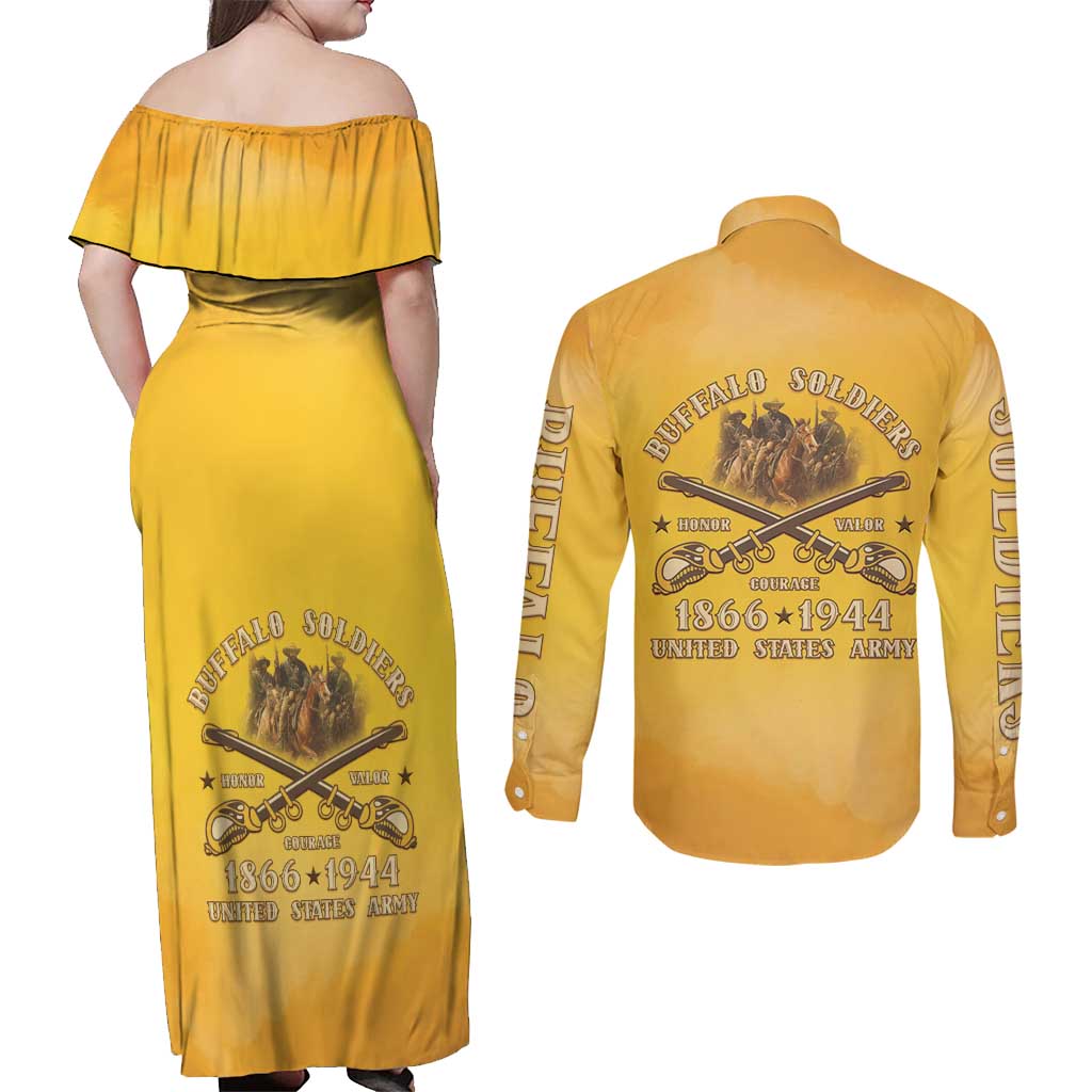 Honor Buffalo Soldiers Couples Matching Off Shoulder Maxi Dress and Long Sleeve Button Shirt African American Cavalry Yellow Version - Wonder Print Shop
