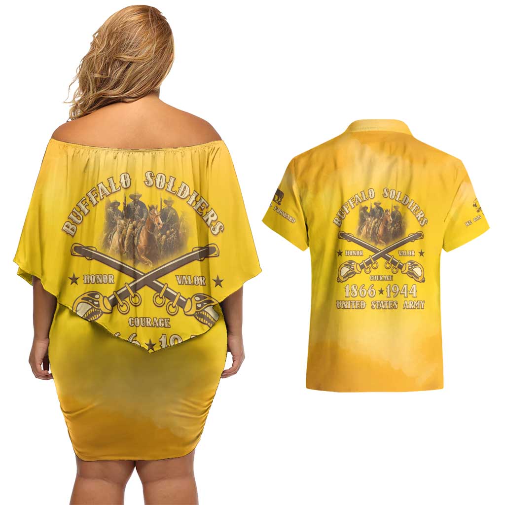 Honor Buffalo Soldiers Couples Matching Off Shoulder Short Dress and Hawaiian Shirt African American Cavalry Yellow Version - Wonder Print Shop