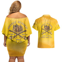 Honor Buffalo Soldiers Couples Matching Off Shoulder Short Dress and Hawaiian Shirt African American Cavalry Yellow Version - Wonder Print Shop
