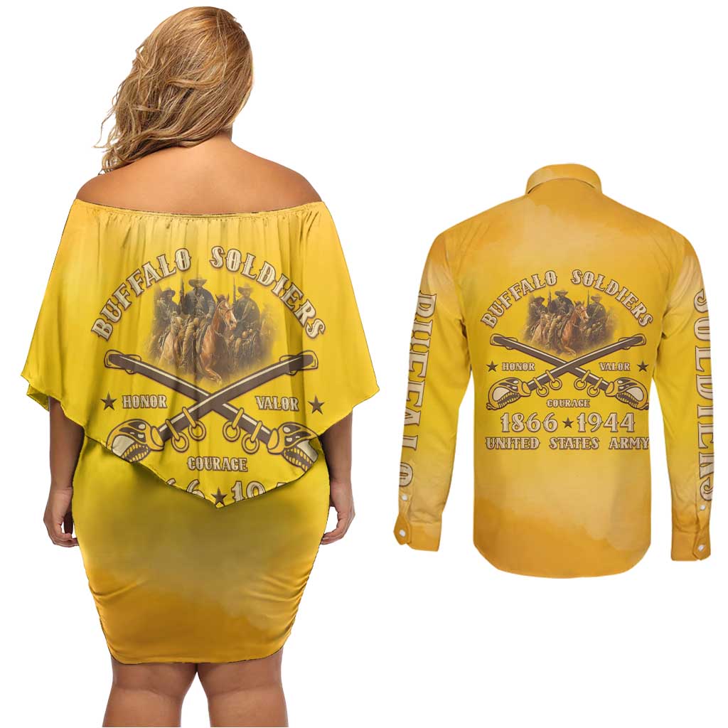Honor Buffalo Soldiers Couples Matching Off Shoulder Short Dress and Long Sleeve Button Shirt African American Cavalry Yellow Version - Wonder Print Shop