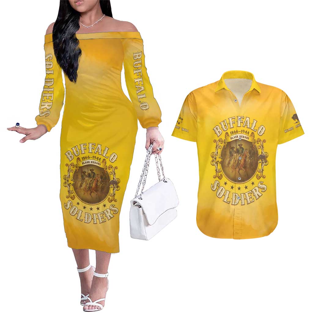 Honor Buffalo Soldiers Couples Matching Off The Shoulder Long Sleeve Dress and Hawaiian Shirt African American Cavalry Yellow Version - Wonder Print Shop