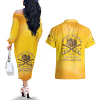 Honor Buffalo Soldiers Couples Matching Off The Shoulder Long Sleeve Dress and Hawaiian Shirt African American Cavalry Yellow Version - Wonder Print Shop