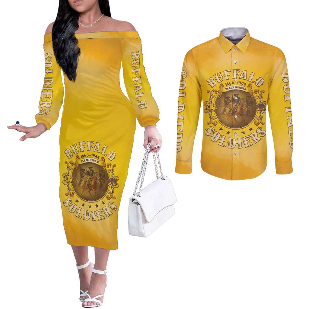 Honor Buffalo Soldiers Couples Matching Off The Shoulder Long Sleeve Dress and Long Sleeve Button Shirt African American Cavalry Yellow Version - Wonder Print Shop