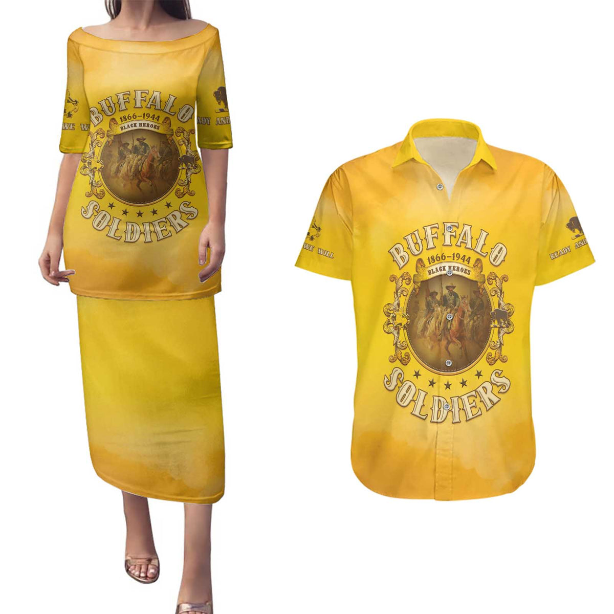 Honor Buffalo Soldiers Couples Matching Puletasi and Hawaiian Shirt African American Cavalry Yellow Version - Wonder Print Shop