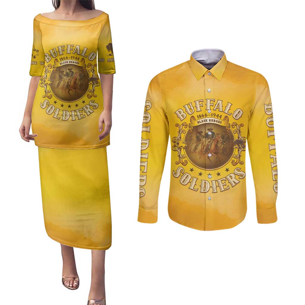 Honor Buffalo Soldiers Couples Matching Puletasi and Long Sleeve Button Shirt African American Cavalry Yellow Version - Wonder Print Shop