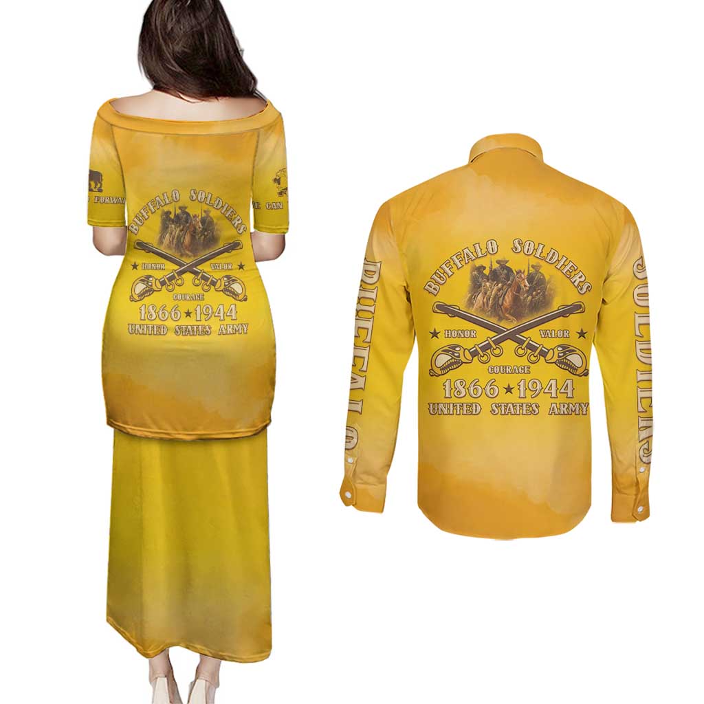 Honor Buffalo Soldiers Couples Matching Puletasi and Long Sleeve Button Shirt African American Cavalry Yellow Version - Wonder Print Shop
