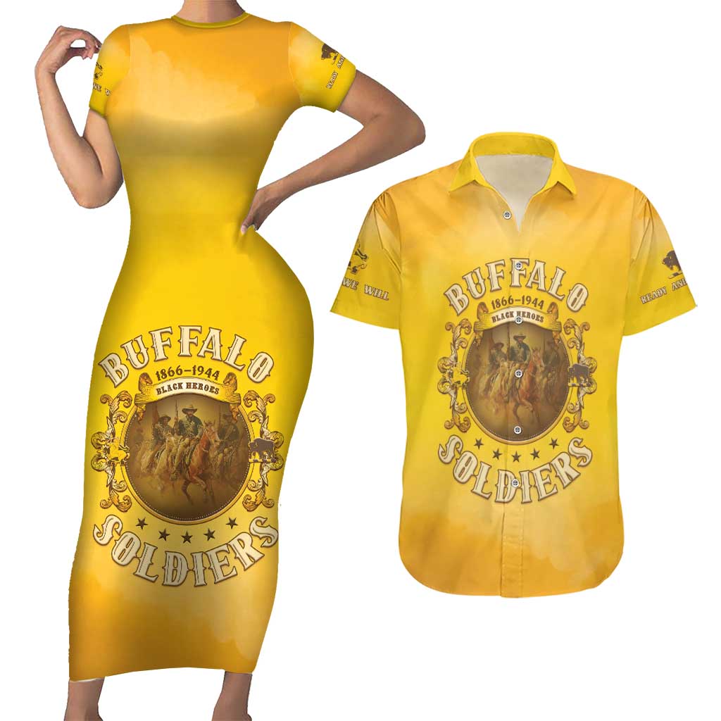Honor Buffalo Soldiers Couples Matching Short Sleeve Bodycon Dress and Hawaiian Shirt African American Cavalry Yellow Version - Wonder Print Shop