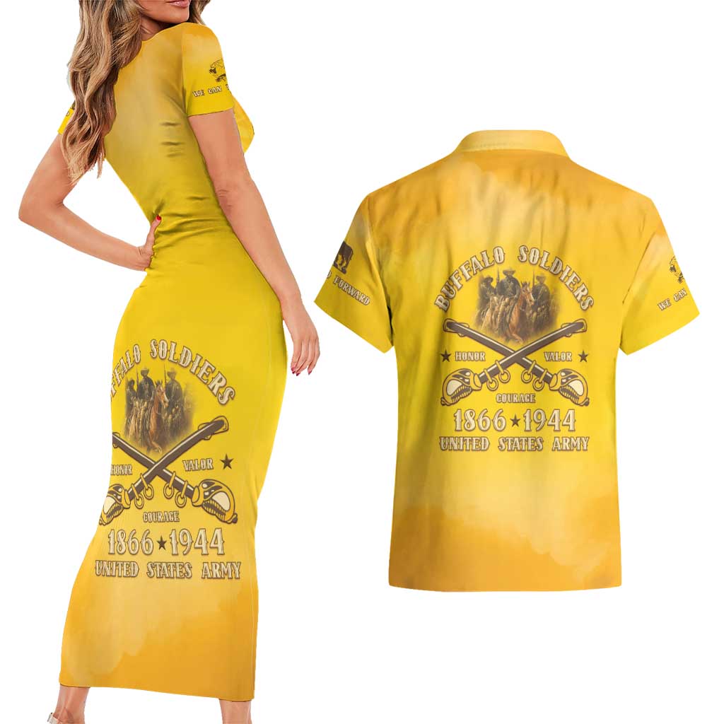 Honor Buffalo Soldiers Couples Matching Short Sleeve Bodycon Dress and Hawaiian Shirt African American Cavalry Yellow Version - Wonder Print Shop