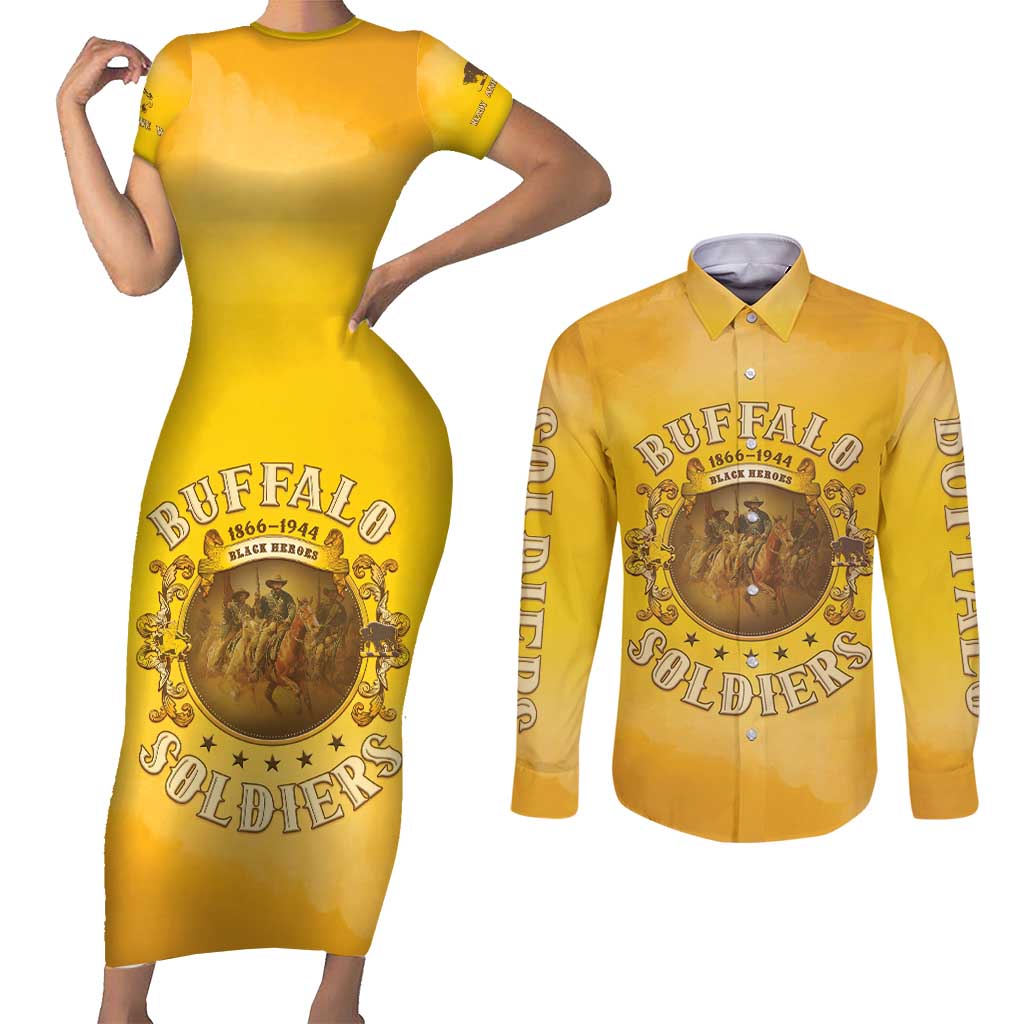 Honor Buffalo Soldiers Couples Matching Short Sleeve Bodycon Dress and Long Sleeve Button Shirt African American Cavalry Yellow Version - Wonder Print Shop