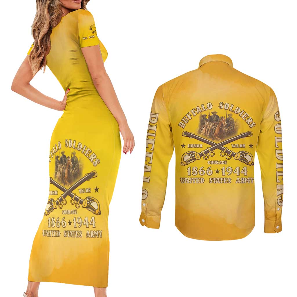 Honor Buffalo Soldiers Couples Matching Short Sleeve Bodycon Dress and Long Sleeve Button Shirt African American Cavalry Yellow Version - Wonder Print Shop