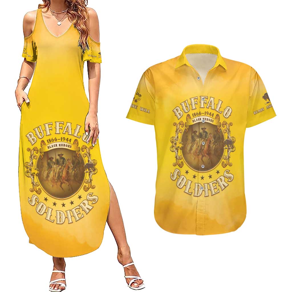 Honor Buffalo Soldiers Couples Matching Summer Maxi Dress and Hawaiian Shirt African American Cavalry Yellow Version - Wonder Print Shop