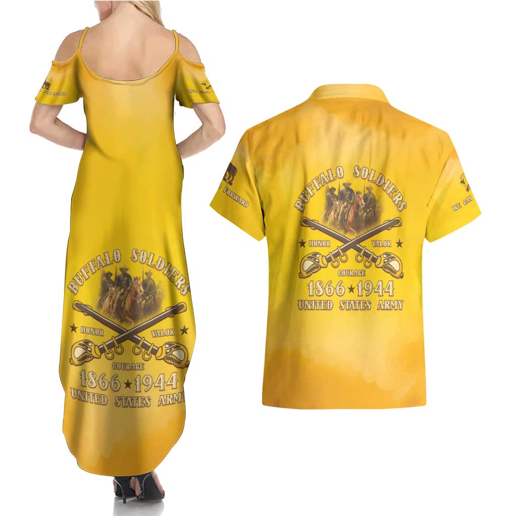 Honor Buffalo Soldiers Couples Matching Summer Maxi Dress and Hawaiian Shirt African American Cavalry Yellow Version - Wonder Print Shop