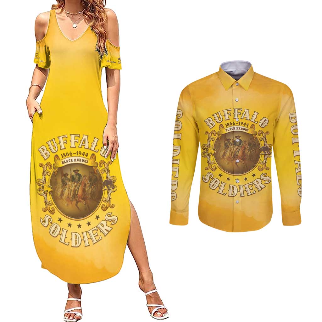 Honor Buffalo Soldiers Couples Matching Summer Maxi Dress and Long Sleeve Button Shirt African American Cavalry Yellow Version - Wonder Print Shop