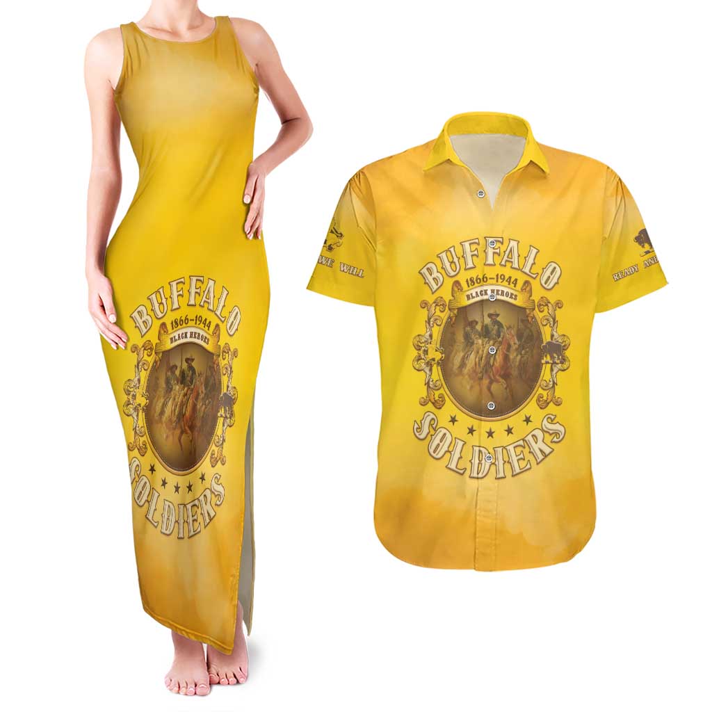 Honor Buffalo Soldiers Couples Matching Tank Maxi Dress and Hawaiian Shirt African American Cavalry Yellow Version - Wonder Print Shop
