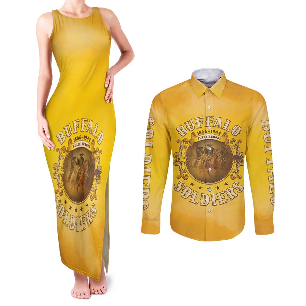 Honor Buffalo Soldiers Couples Matching Tank Maxi Dress and Long Sleeve Button Shirt African American Cavalry Yellow Version - Wonder Print Shop