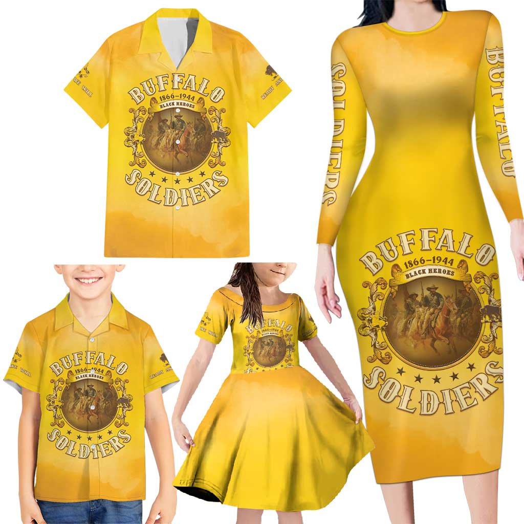 Honor Buffalo Soldiers Family Matching Long Sleeve Bodycon Dress and Hawaiian Shirt African American Cavalry Yellow Version - Wonder Print Shop