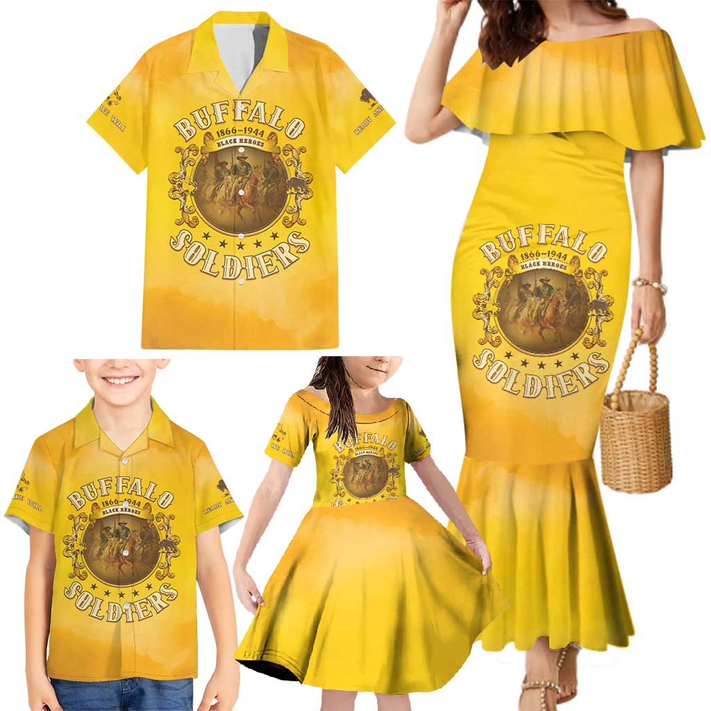 Honor Buffalo Soldiers Family Matching Mermaid Dress and Hawaiian Shirt African American Cavalry Yellow Version - Wonder Print Shop
