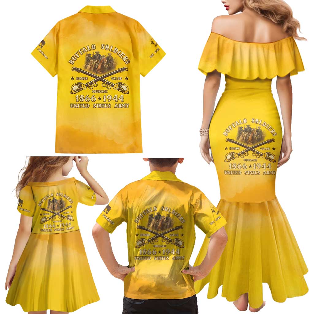 Honor Buffalo Soldiers Family Matching Mermaid Dress and Hawaiian Shirt African American Cavalry Yellow Version - Wonder Print Shop