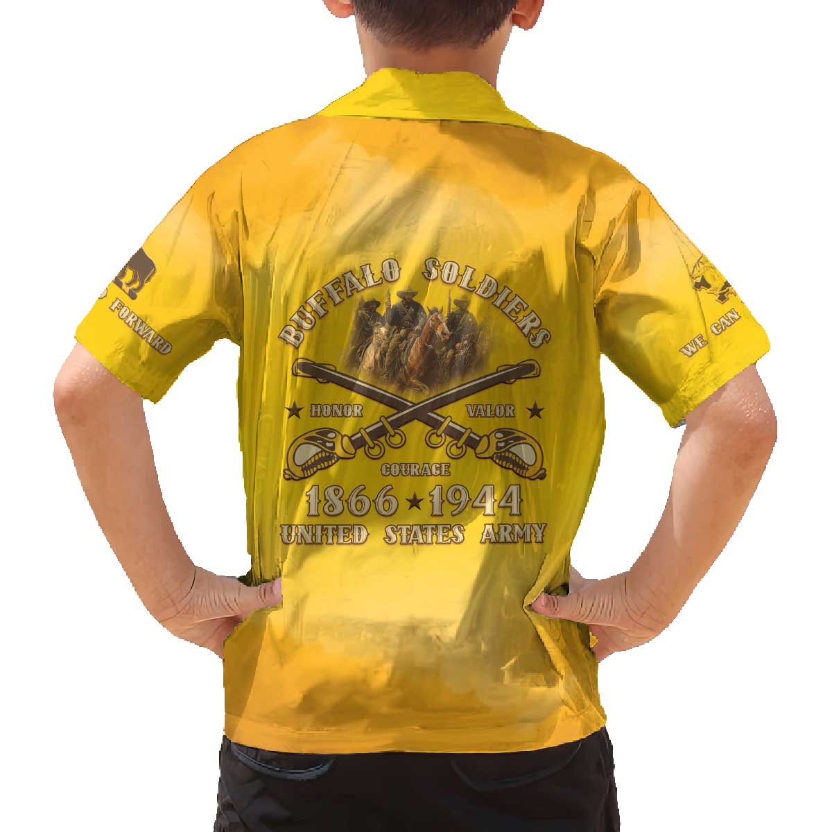 Honor Buffalo Soldiers Family Matching Off The Shoulder Long Sleeve Dress and Hawaiian Shirt African American Cavalry Yellow Version - Wonder Print Shop