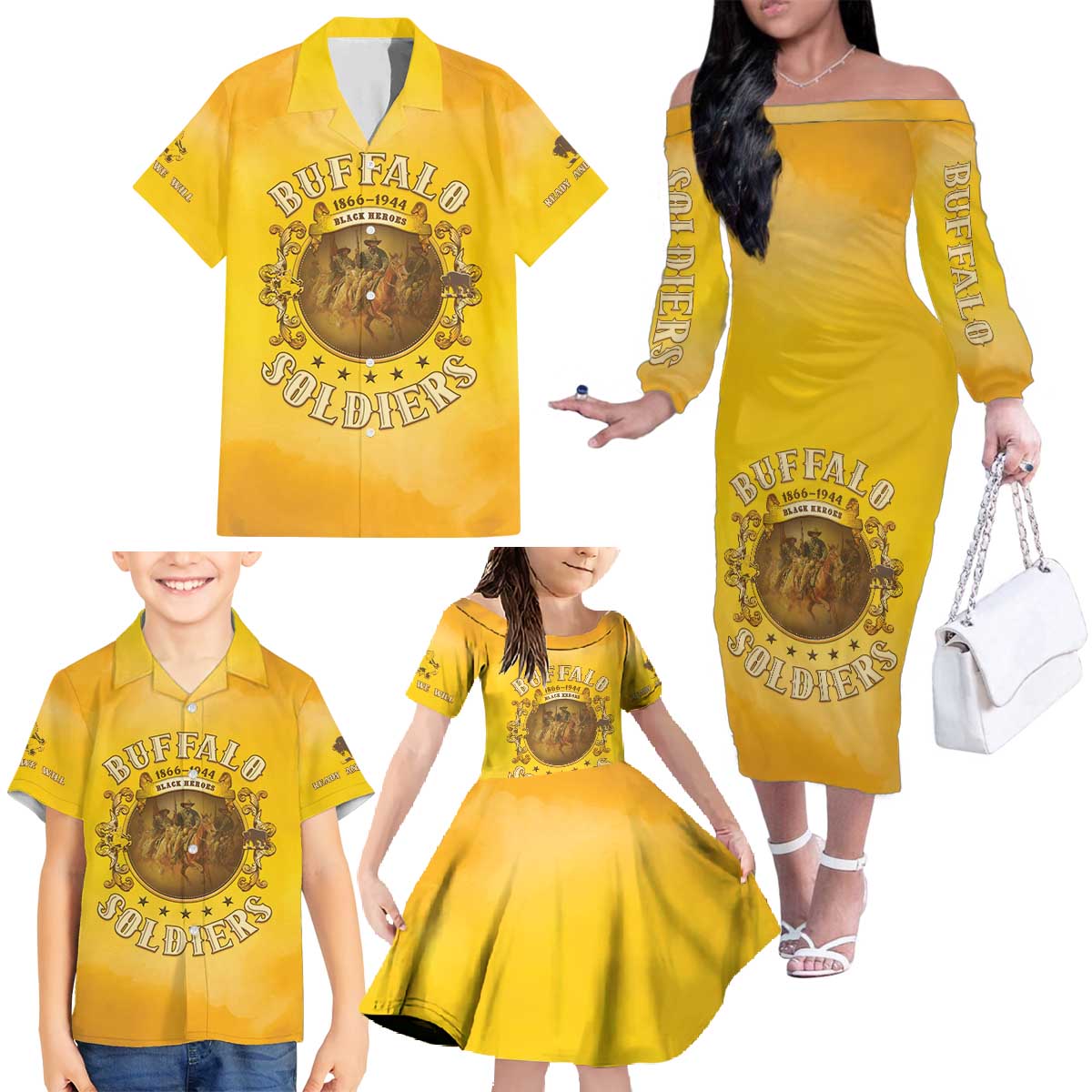 Honor Buffalo Soldiers Family Matching Off The Shoulder Long Sleeve Dress and Hawaiian Shirt African American Cavalry Yellow Version - Wonder Print Shop