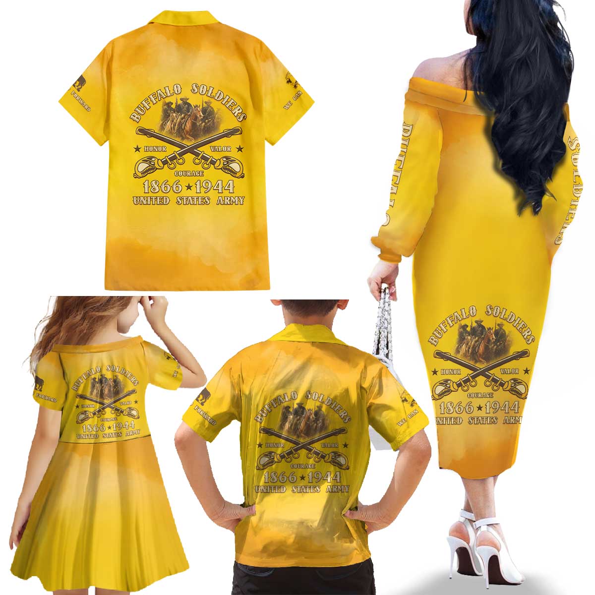 Honor Buffalo Soldiers Family Matching Off The Shoulder Long Sleeve Dress and Hawaiian Shirt African American Cavalry Yellow Version - Wonder Print Shop
