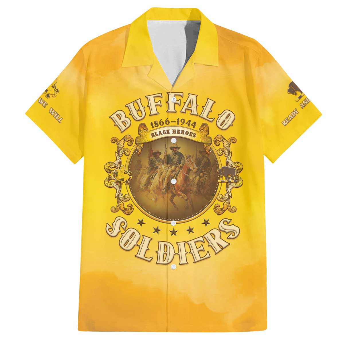 Honor Buffalo Soldiers Family Matching Off The Shoulder Long Sleeve Dress and Hawaiian Shirt African American Cavalry Yellow Version - Wonder Print Shop