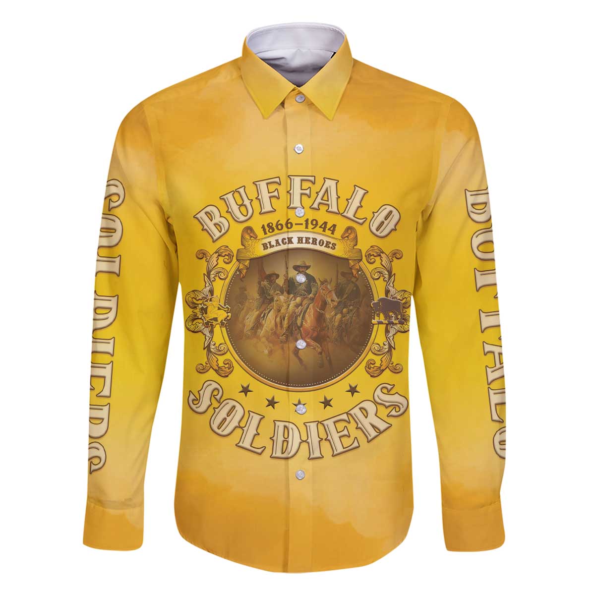 Honor Buffalo Soldiers Family Matching Off The Shoulder Long Sleeve Dress and Hawaiian Shirt African American Cavalry Yellow Version - Wonder Print Shop