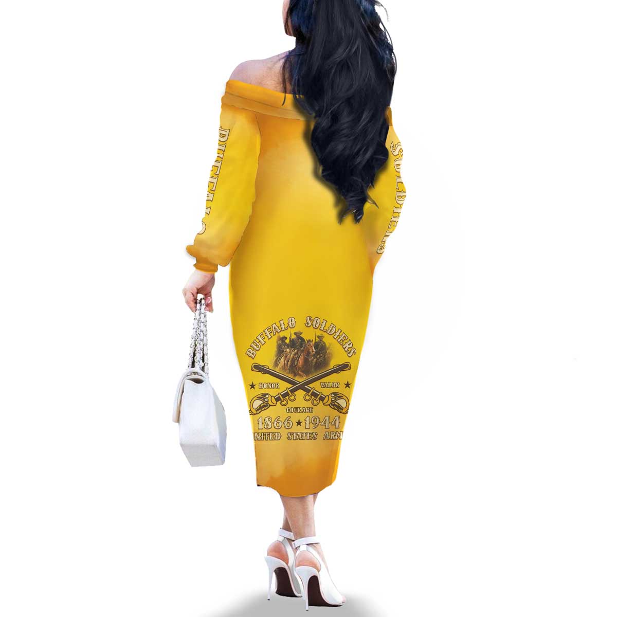 Honor Buffalo Soldiers Family Matching Off The Shoulder Long Sleeve Dress and Hawaiian Shirt African American Cavalry Yellow Version - Wonder Print Shop