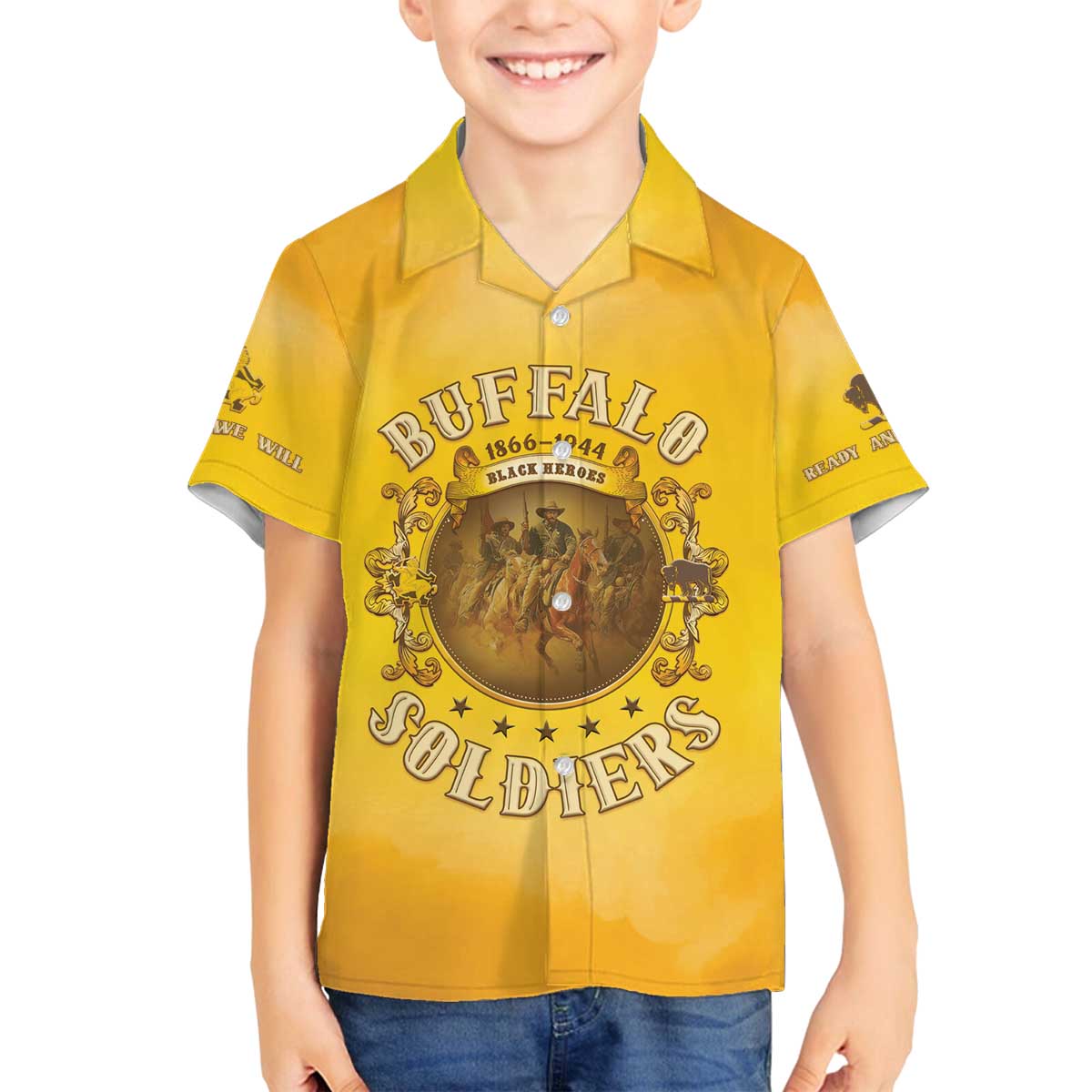 Honor Buffalo Soldiers Family Matching Off The Shoulder Long Sleeve Dress and Hawaiian Shirt African American Cavalry Yellow Version - Wonder Print Shop
