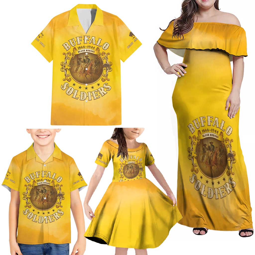 Honor Buffalo Soldiers Family Matching Off Shoulder Maxi Dress and Hawaiian Shirt African American Cavalry Yellow Version - Wonder Print Shop