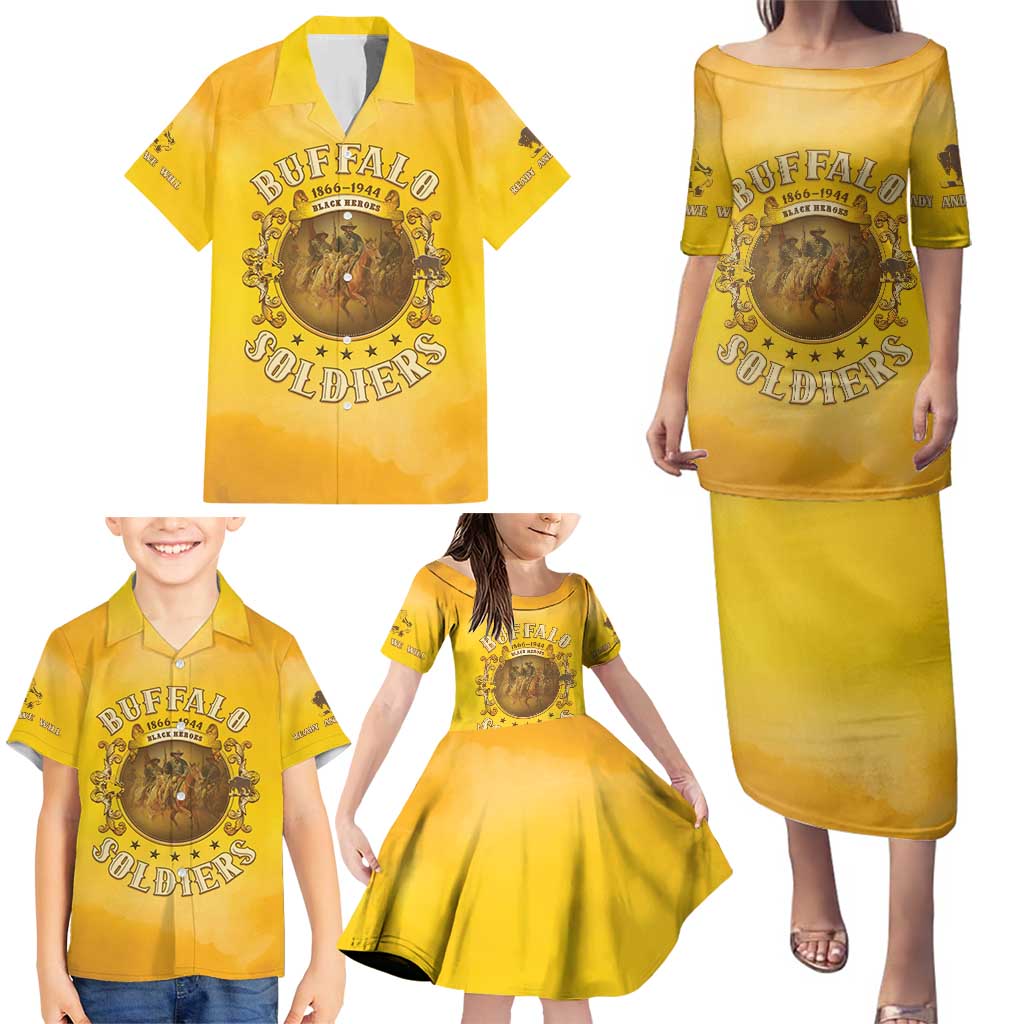 Honor Buffalo Soldiers Family Matching Puletasi and Hawaiian Shirt African American Cavalry Yellow Version - Wonder Print Shop