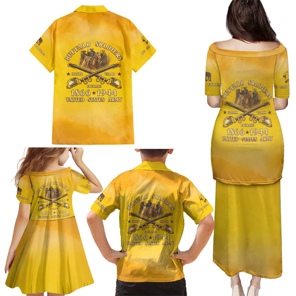 Honor Buffalo Soldiers Family Matching Puletasi and Hawaiian Shirt African American Cavalry Yellow Version - Wonder Print Shop