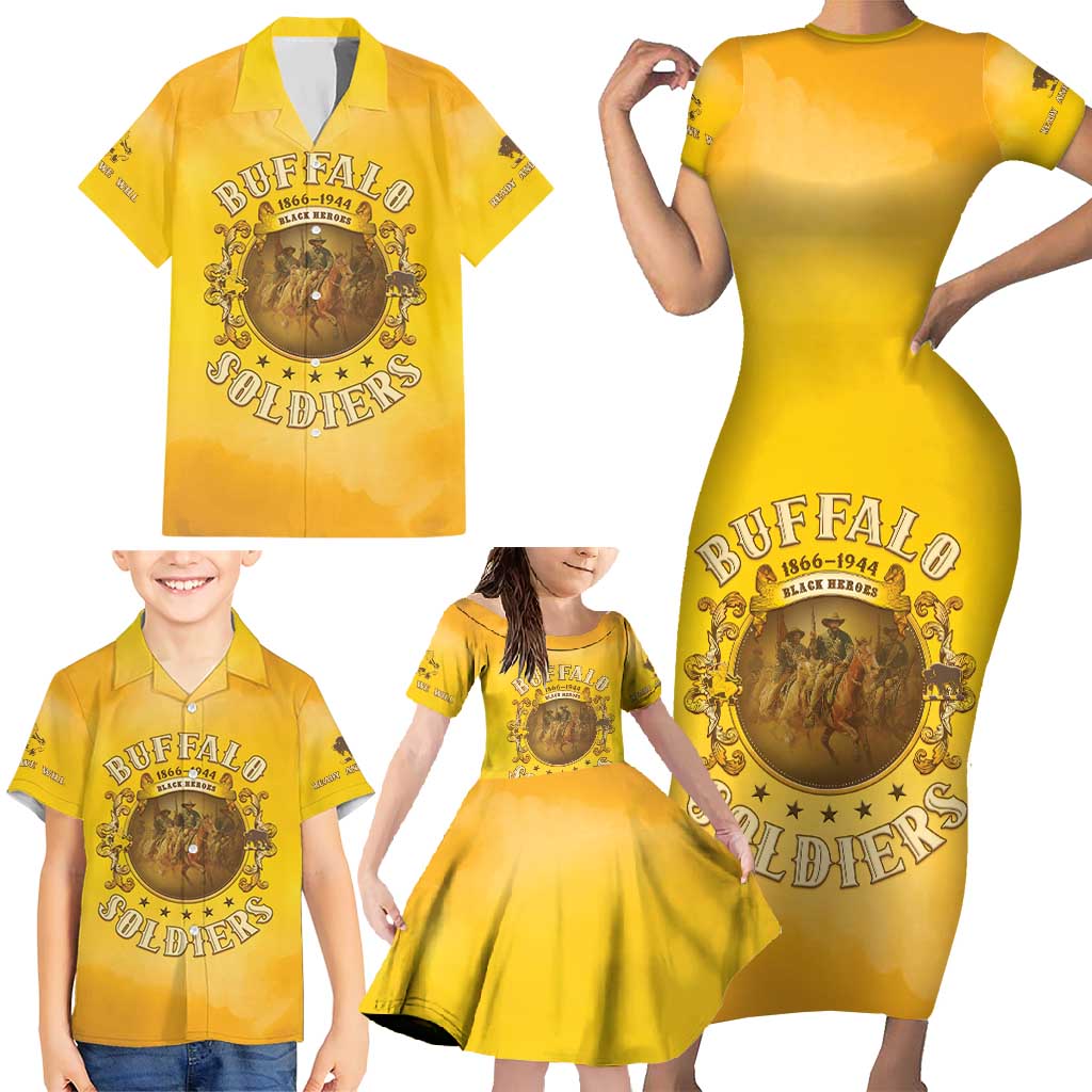 Honor Buffalo Soldiers Family Matching Short Sleeve Bodycon Dress and Hawaiian Shirt African American Cavalry Yellow Version - Wonder Print Shop