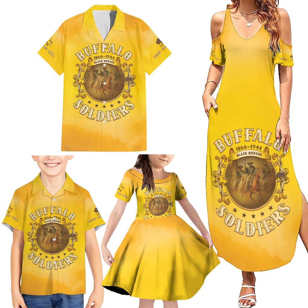 Honor Buffalo Soldiers Family Matching Summer Maxi Dress and Hawaiian Shirt African American Cavalry Yellow Version - Wonder Print Shop