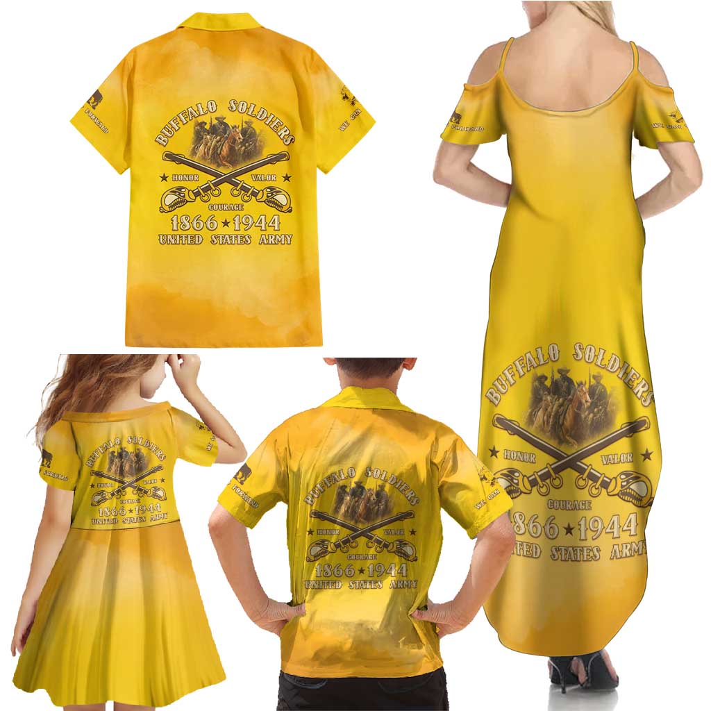 Honor Buffalo Soldiers Family Matching Summer Maxi Dress and Hawaiian Shirt African American Cavalry Yellow Version - Wonder Print Shop