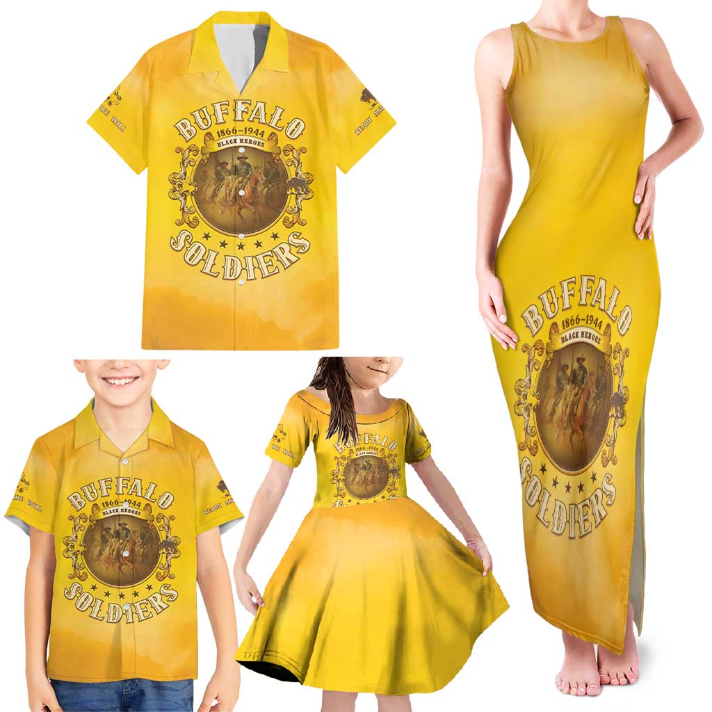 Honor Buffalo Soldiers Family Matching Tank Maxi Dress and Hawaiian Shirt African American Cavalry Yellow Version - Wonder Print Shop